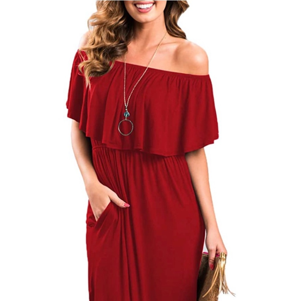 Off Shoulder Ruffle Party Dress SplitSides Pockets